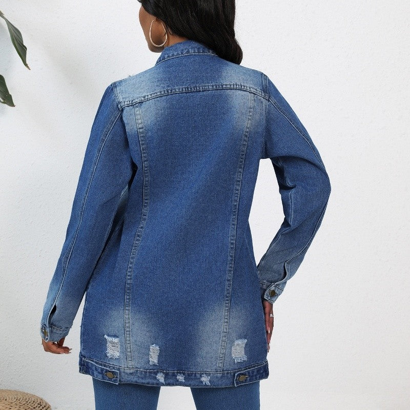 Long Denim Coat Cotton Classic Lapel Outerwear