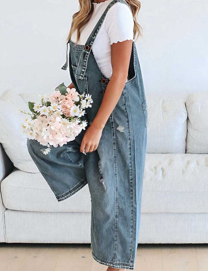 Distressed Rippd Loose Wide Leg Bib Overalls