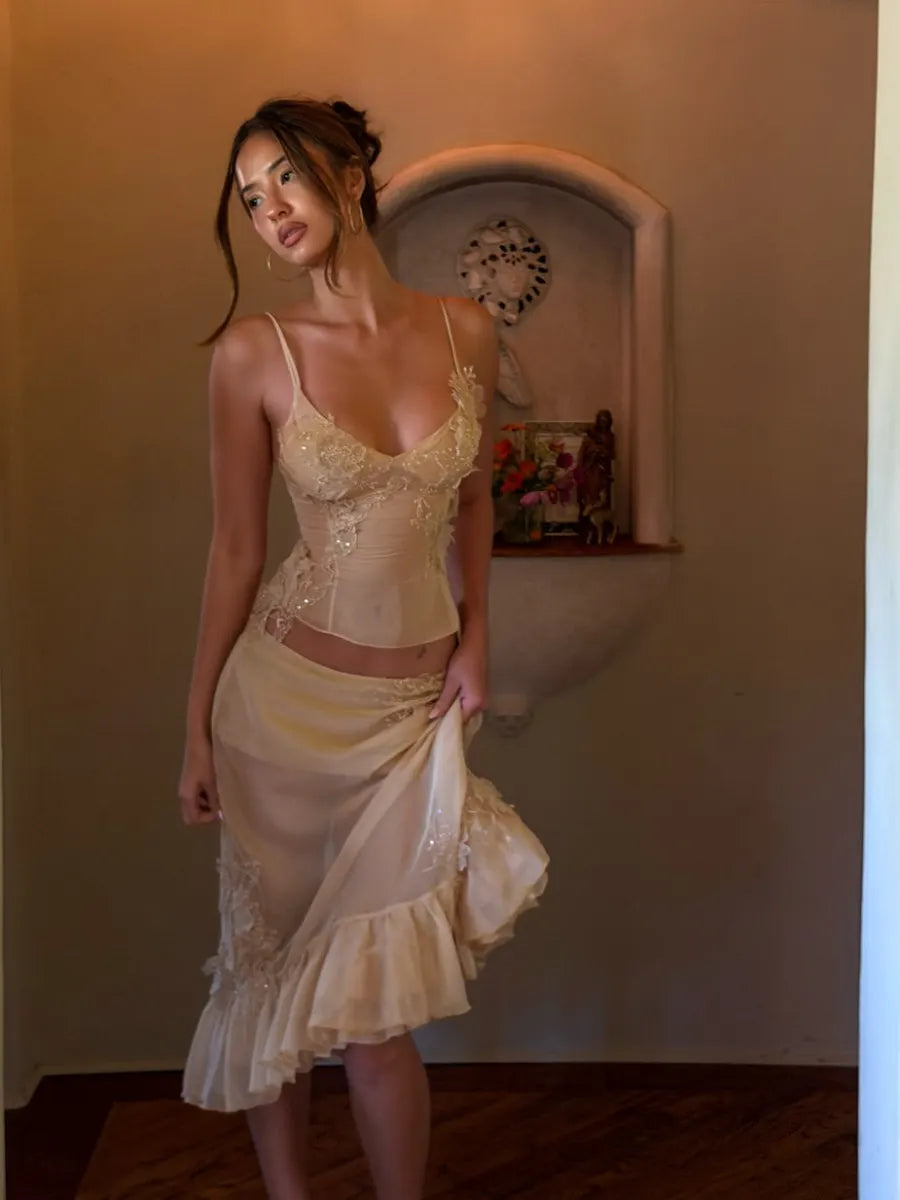 Rosalie Lace Appliqué Mesh Two Piece Midi Set in Yellow