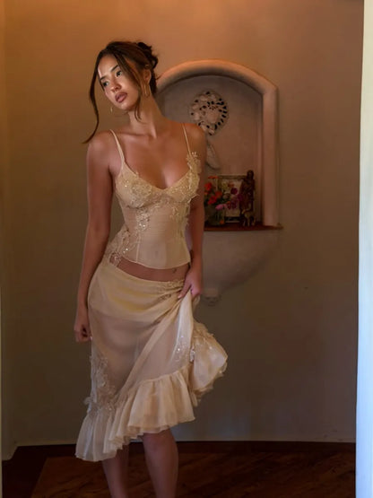 Rosalie Lace Appliqué Mesh Two Piece Midi Set in Yellow