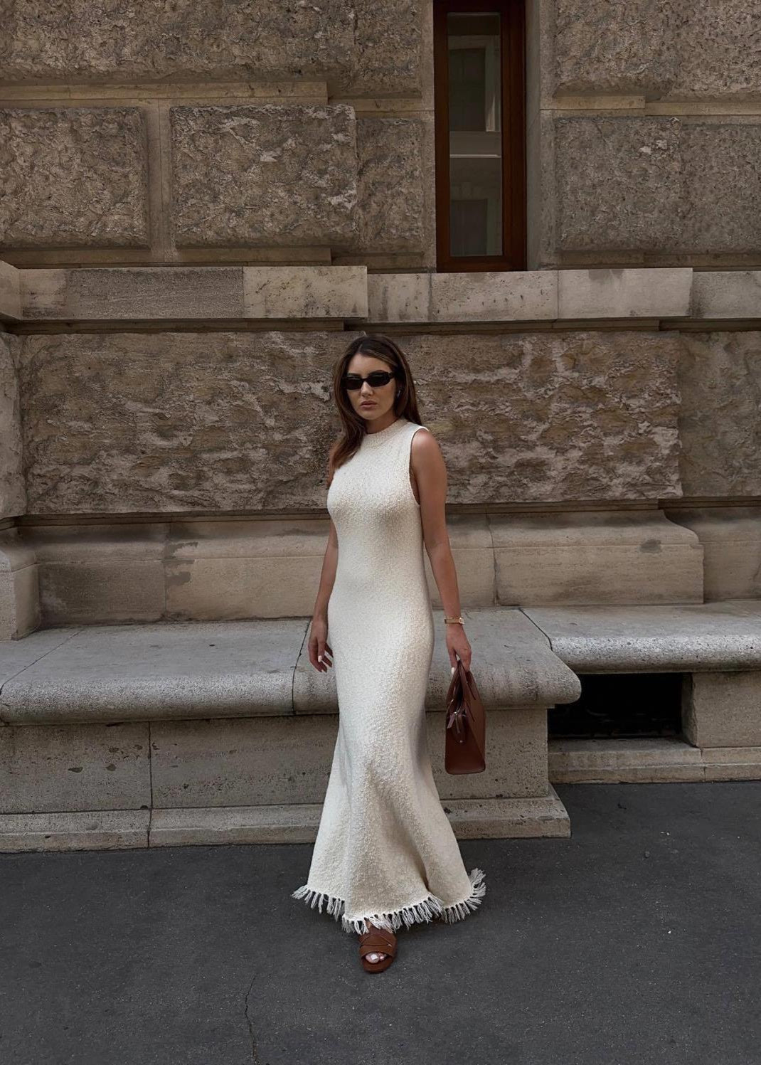 Sleeveless Knit Maxi Dress With Fringe Hem