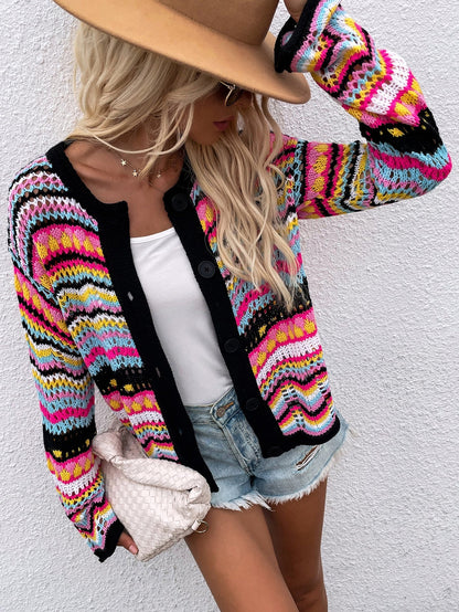 Striped Sweater Women Loose Plus Size Rainbow Knit Sweater Button Cardigan