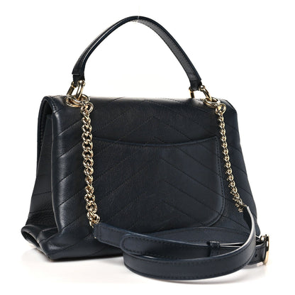 Grained Calfskin Chevron Stitched Small Chic Top Handle Flap Black