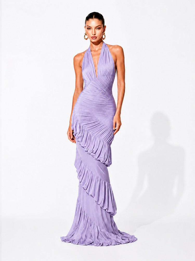 Marina Tiered Pleated Halter Maxi Dress