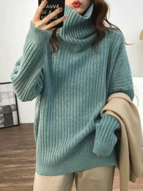 Casual Long Sleeves Loose Solid Color High-Neck Sweater Tops