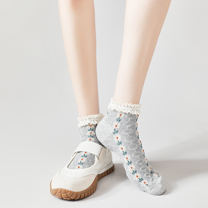 Rufia - Summer Floral Pattern Lace Trim Low-Cut Socks