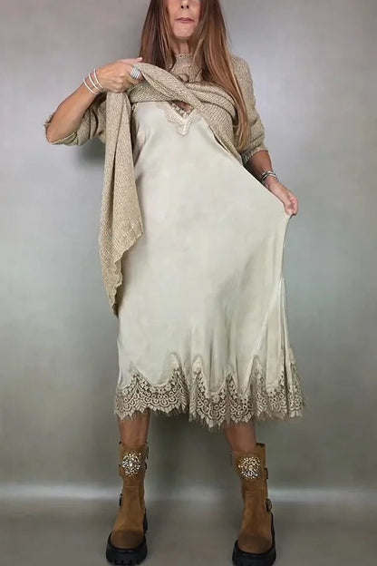 Retro knitted slit two-piece long skirt