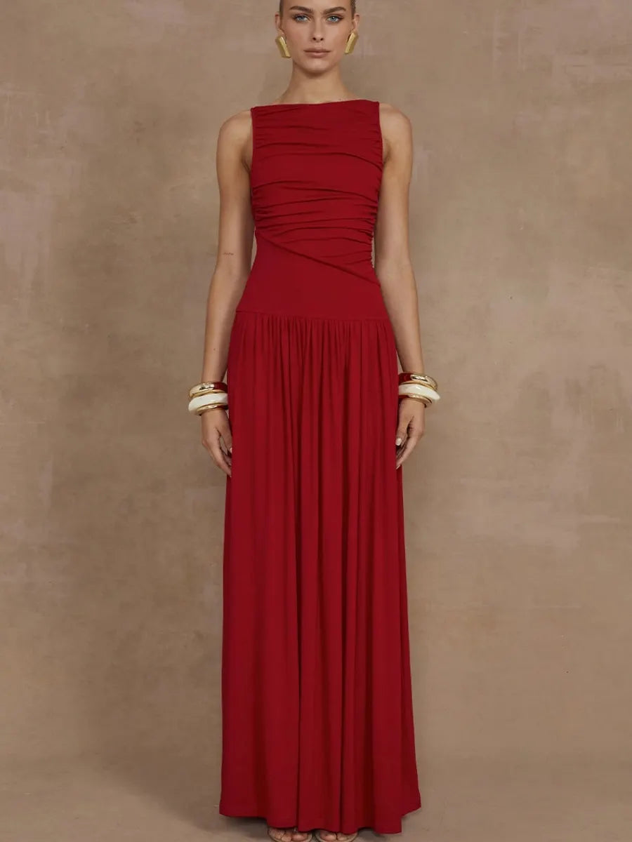 Naomi Red Ruched Sleeveless Flowy Maxi Dress