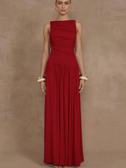 Naomi Red Ruched Sleeveless Flowy Maxi Dress