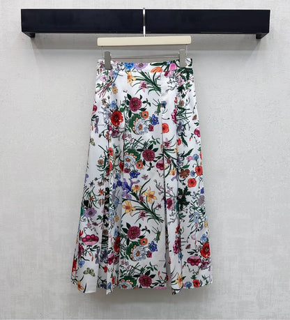 GG SS26 Flora Printed Pleated Midi Skirt White Multicolor Silk 351787