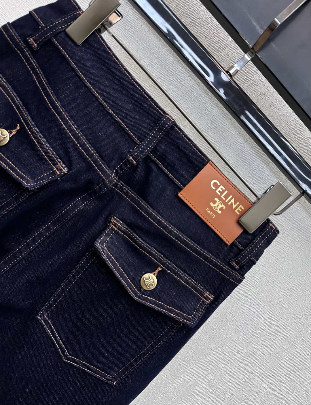 Celine Logo Straight-Leg Jeans Dark Blue Polyester Cotton 351743