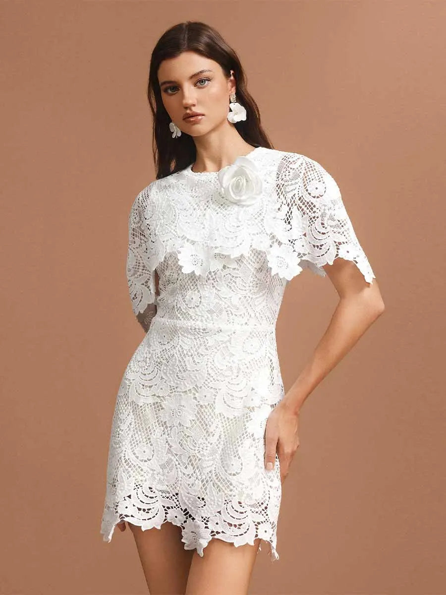 Arabella Round Neck Short Sleeves Lace Mini Dress