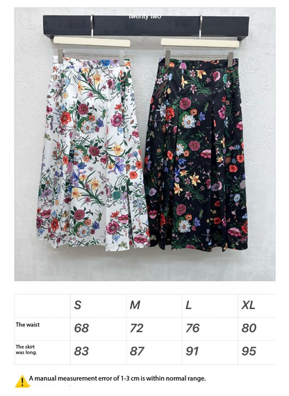 GG SS26 Flora Printed Pleated Midi Skirt Black Multicolor Silk 351778