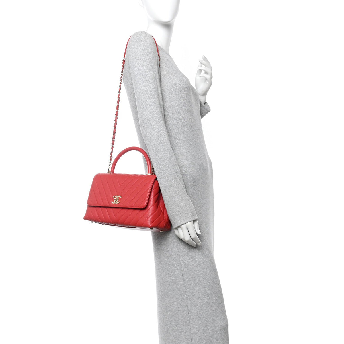 Caviar Chevron Quilted Small Coco Handle Flap Red