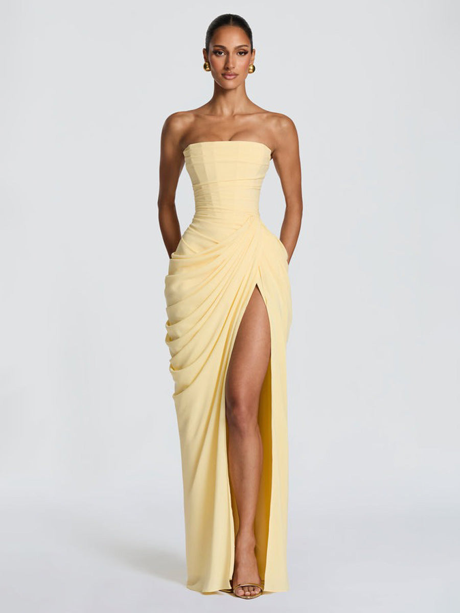 Giselle Ruched Slit Strapless Maxi Dress