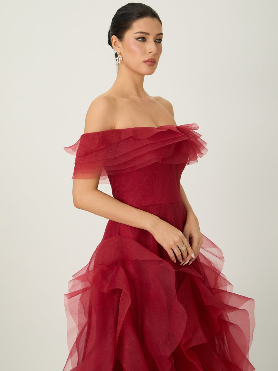 Penelope Off Shoulder Tiered Ruffle Organza Maxi Dress
