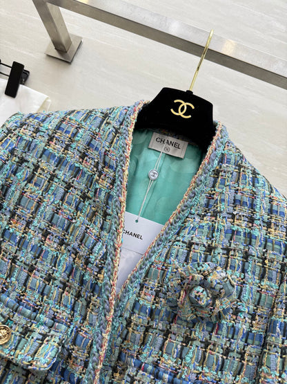 Chanel 2025 V-Neck Coat Blue Green Wool Tweed Fabric 319506
