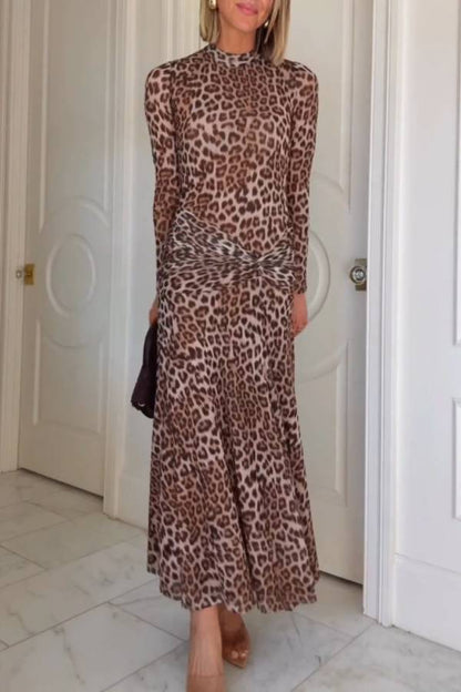 Retro leopard print high collar slim floor-length dress