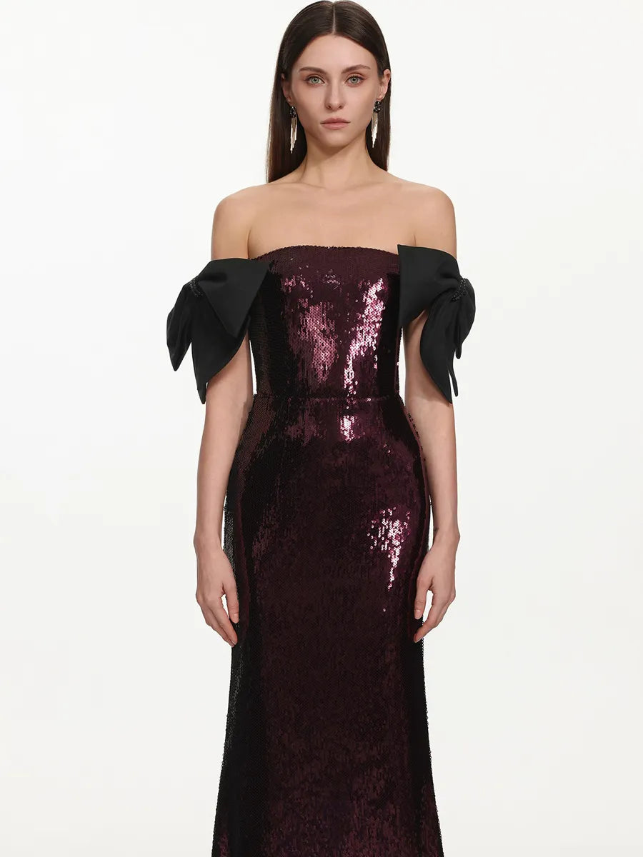 Gwyneth Glamorous Off Shoulder Bow Sequin Maxi Dress