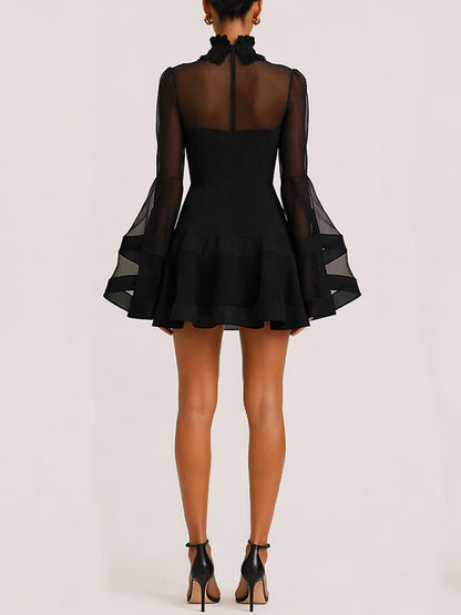 Delilah Long-Sleeve Mesh Mini Dress In Black