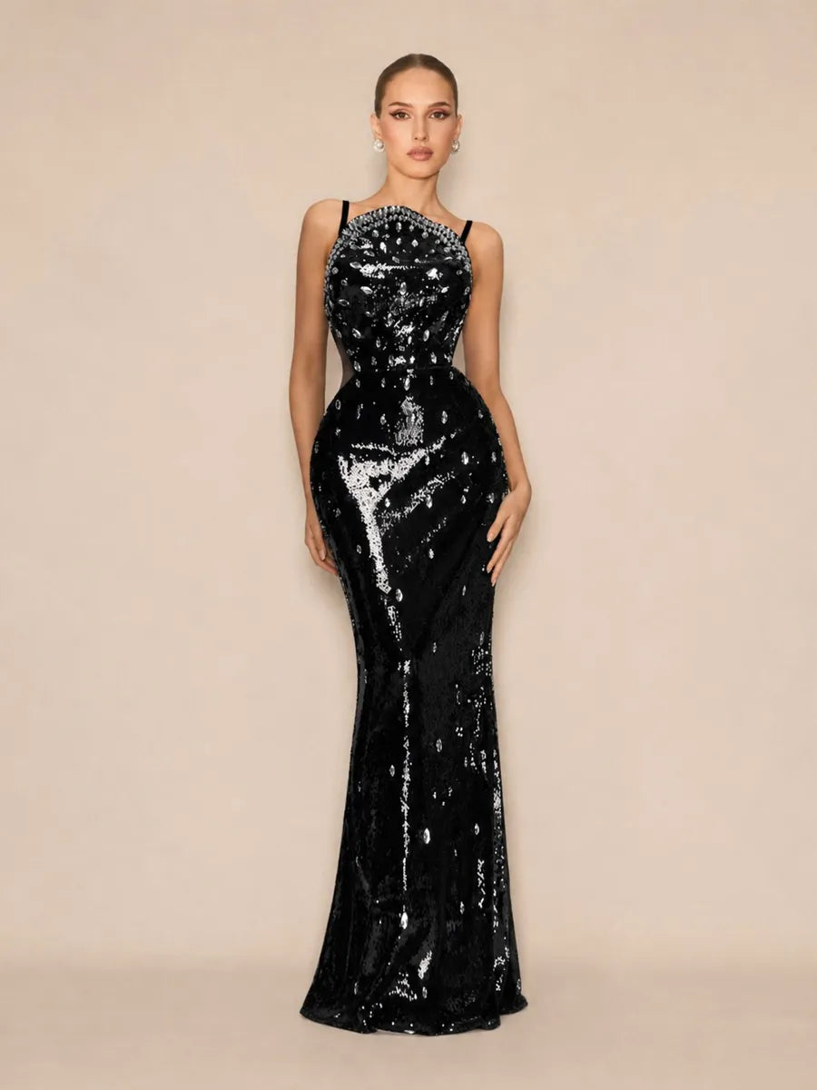 Zyla Glamorous Tailored Cut Out Rhinestone Sequin Maxi Dress