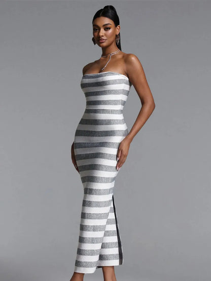 Chloe Striped Strapless Bandage Midi Dress