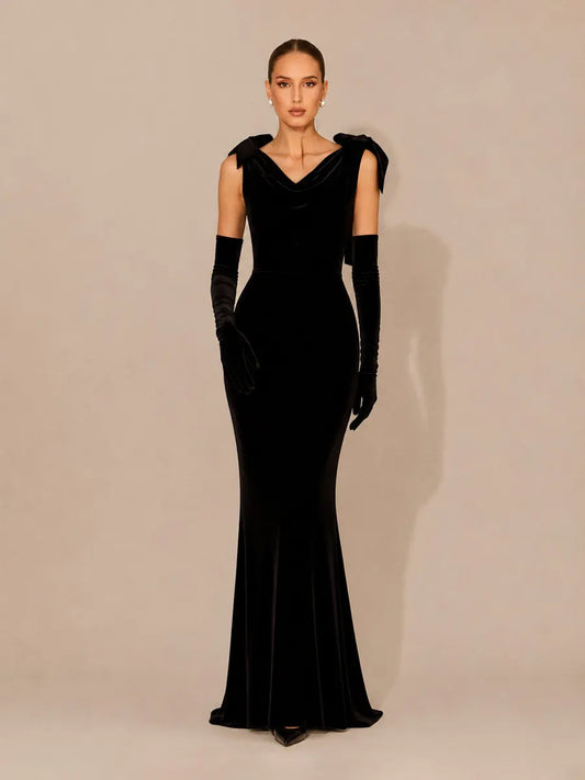 Raina Velvet Open-Back Maxi Dress with Pearl Chain