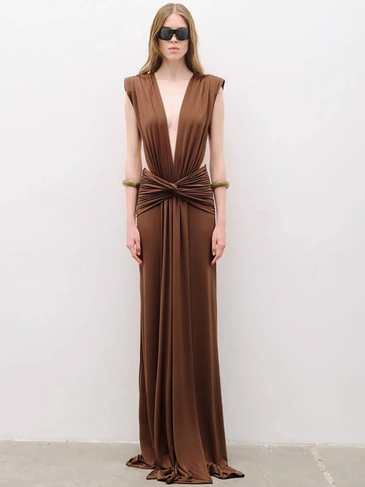 Clementine Pleated Deep V-Neck Maxi Dress