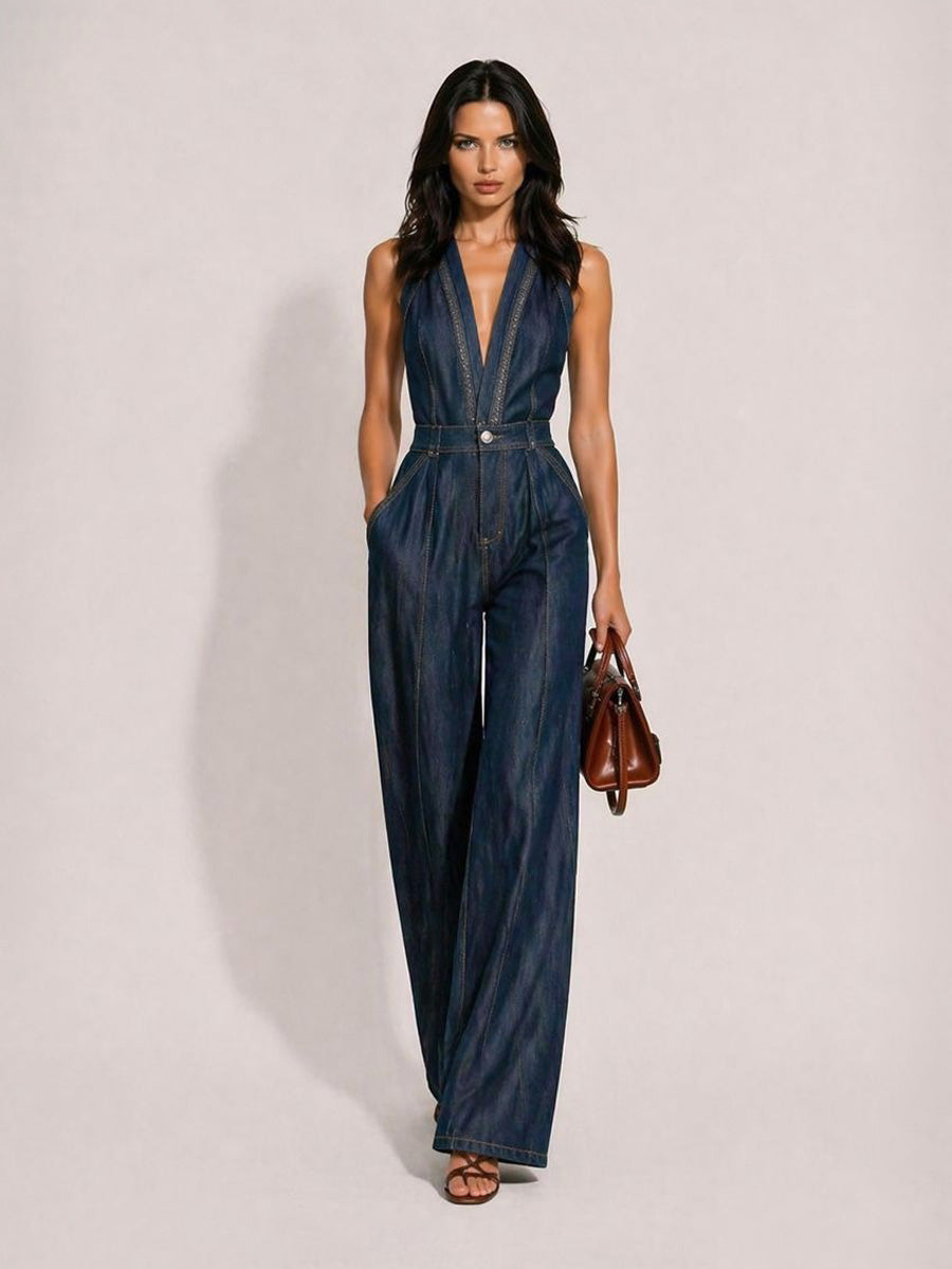 Clementine Casual Retro V-Neck Sleeveless Denim Jumpsuit