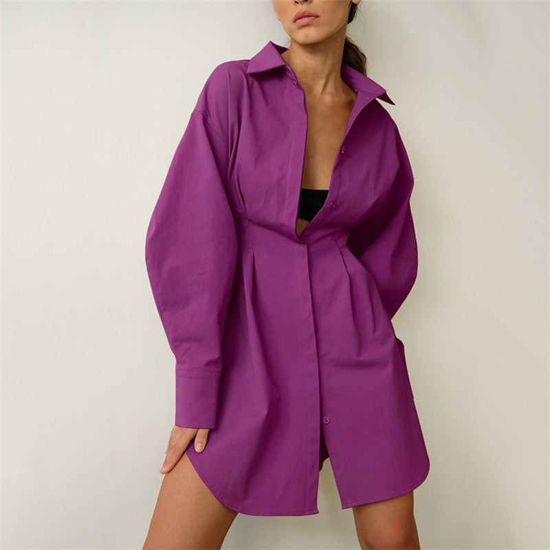 Solid Color Waist Long Sleeve Slim Fit Dress