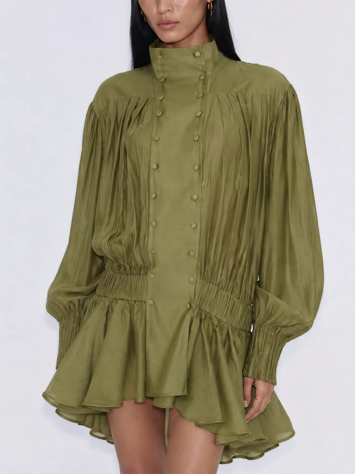 Bellatrix Stand-Collar Gathered Lantern-Sleeve Mini Dress