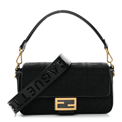 Canvas Vitello King Extra Strap FF Embroidered Baguette Black