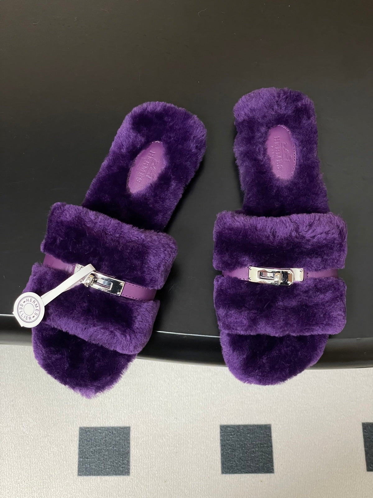 Hermes Giulia Kelly Buckle H-Slippers Purple in Wool 594326