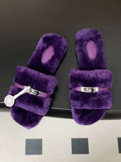 Hermes Giulia Kelly Buckle H-Slippers Purple in Wool 594326