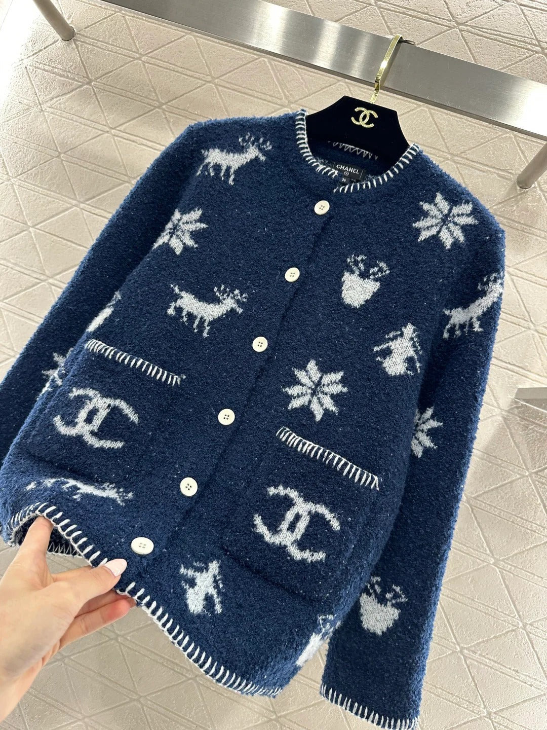 CC 26 Cardigan with Snowflake Pattern Blue mix White Wool 329713