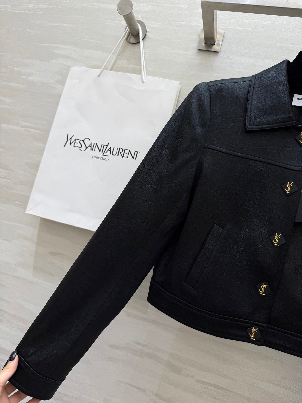 YSL 25 Short Jacket Black Acetic Acid Cracked Fabric