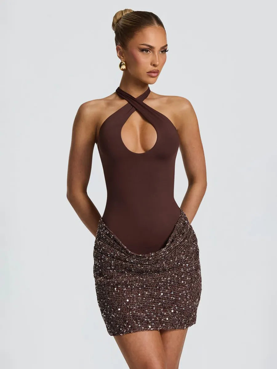 Evangeline Cross Halter Sequin Mini Dress