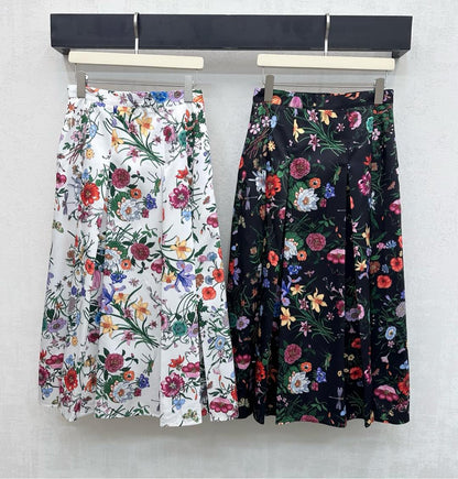 GG SS26 Flora Printed Pleated Midi Skirt White Multicolor Silk 351787