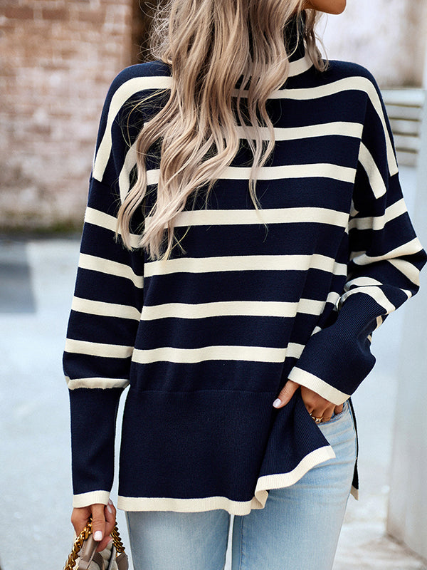 Loose Wrap Contrast Color Split-Side Striped High-Neck Sweater Tops
