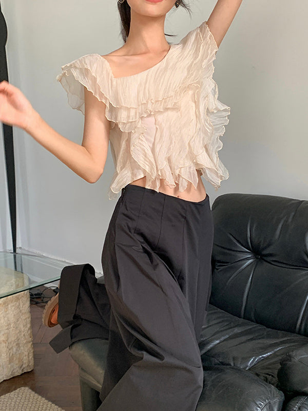High Waisted Wide Leg Pleated Solid Color Casual Pants Bottoms Flared Trousers