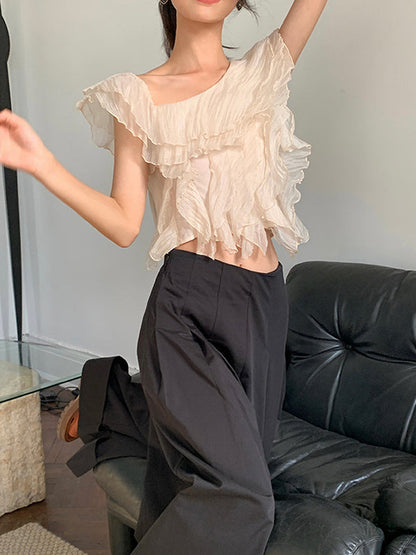 High Waisted Wide Leg Pleated Solid Color Casual Pants Bottoms Flared Trousers