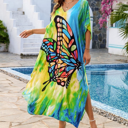 Contrast Color Butterfly Printing V-Neck Short Sleeve Long Beach Dress Bikini Cover-Up