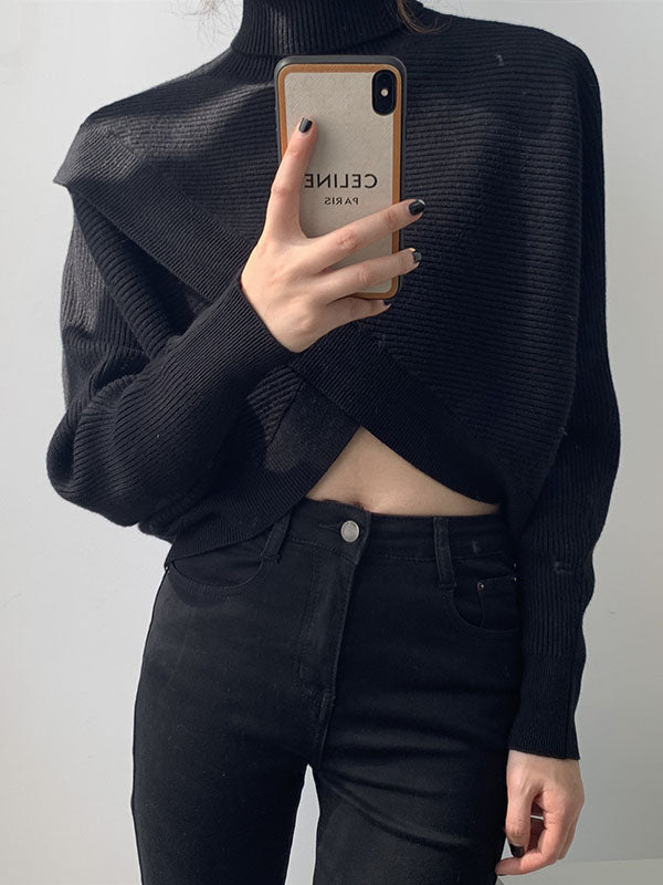 Stylish 4 Colors Knitting High-Neck Asymmetric Split-Front Sweater