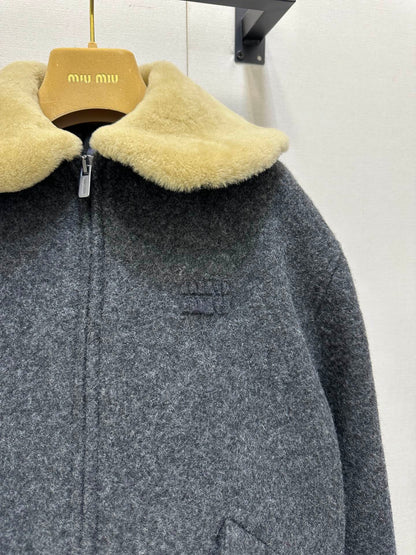 Miu 25 FW Collar Coat Dark Grey Sheep Wool 346114