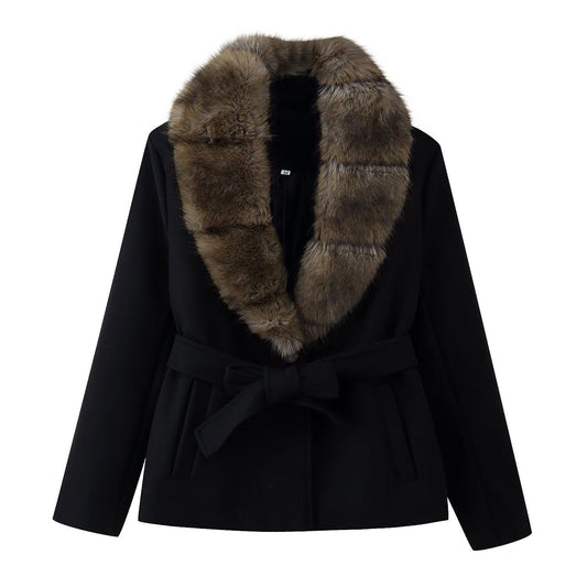 Fur Collar Belted Wool Coat
