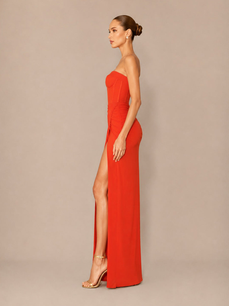 Calista Minimalist Strapless Maxi Dress with Slit