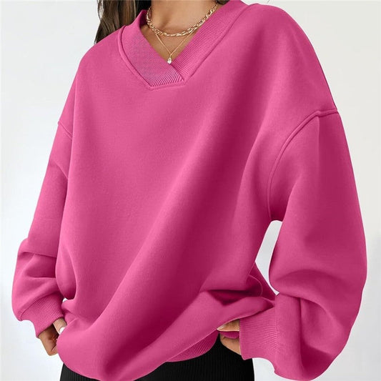 Solid Color Loose V-Neck Pullover Sweatshirt