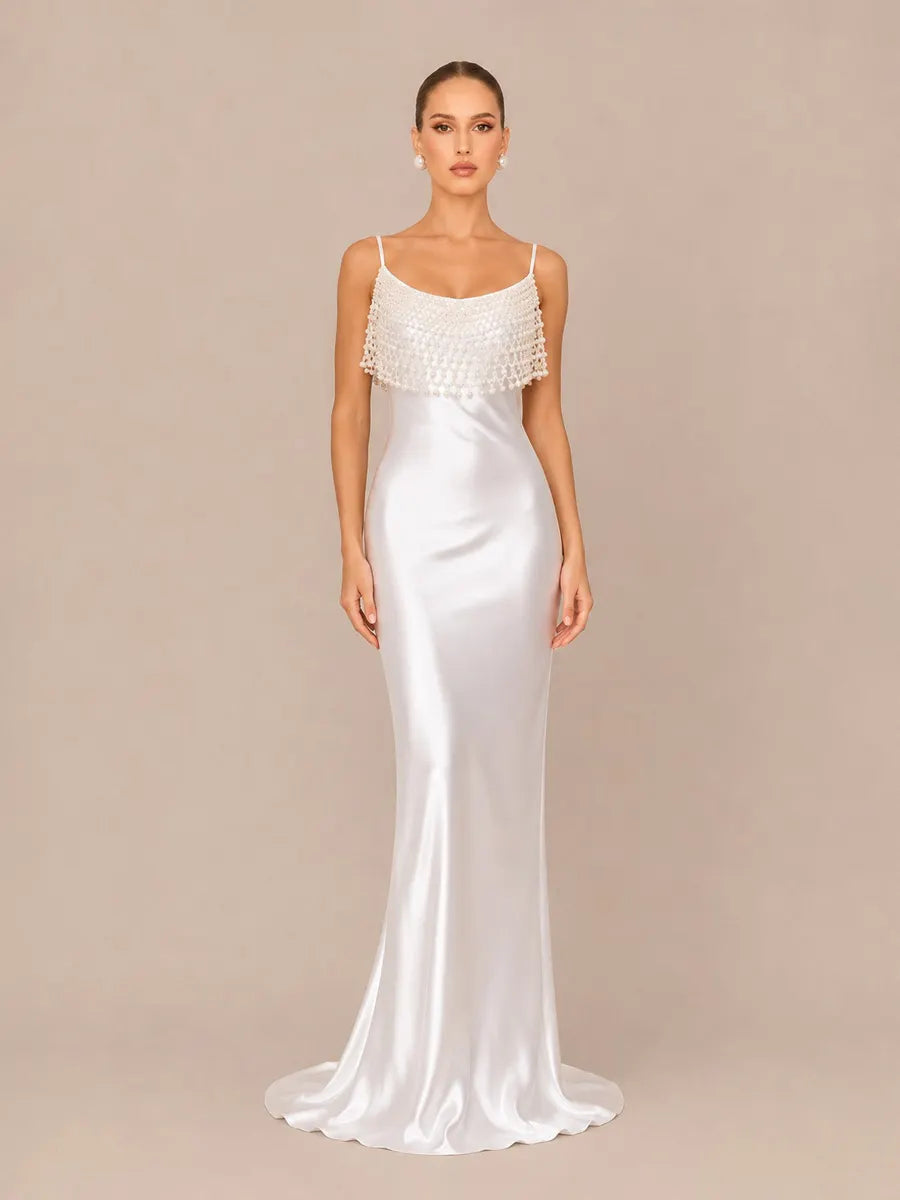 Nala Elegant Pearl Satin Maxi Dress