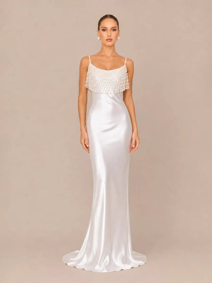 Nala Elegant Pearl Satin Maxi Dress