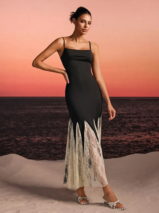 Aviana Spaghetti Lace Flared Maxi Dress